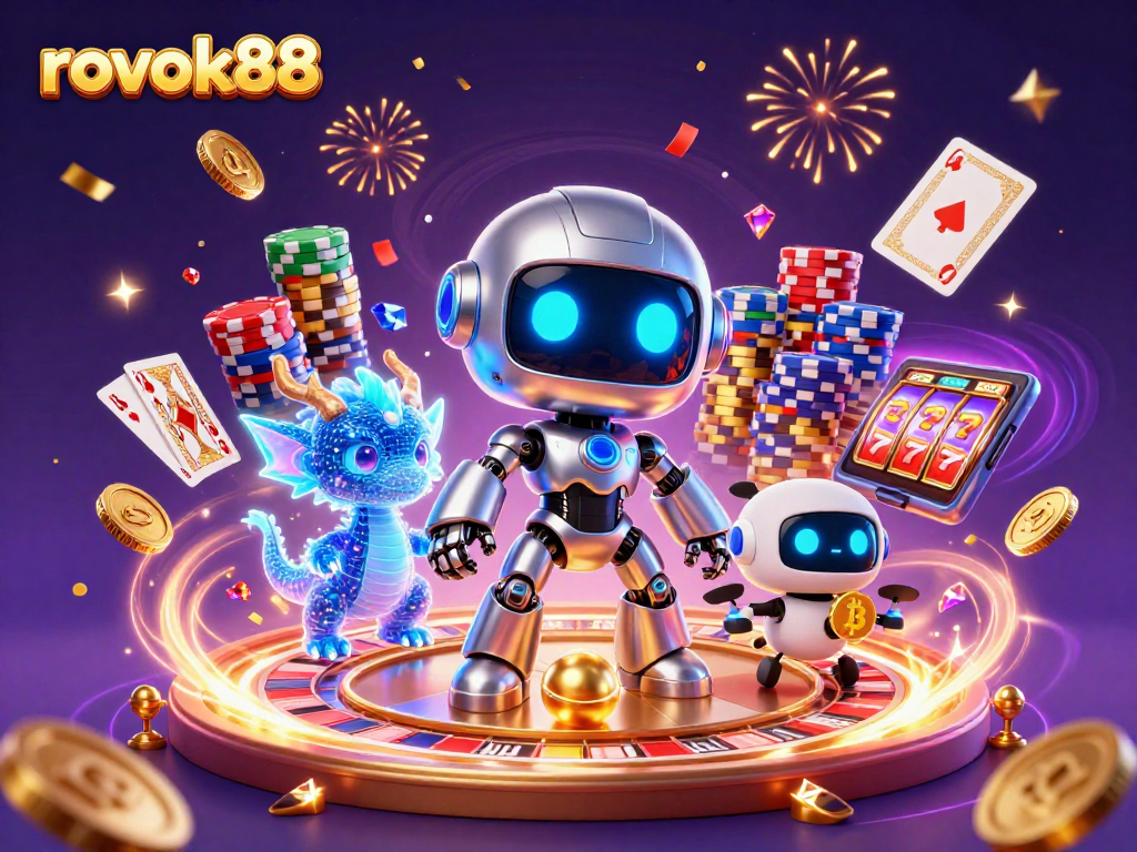 Spin the excitement with rokok88, featuring a vibrant holographic casino scene filled with action!