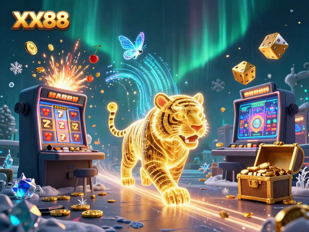 Experience the excitement of winning at XX88 with vibrant slot machines, a golden tiger, and a digital casino landscape.