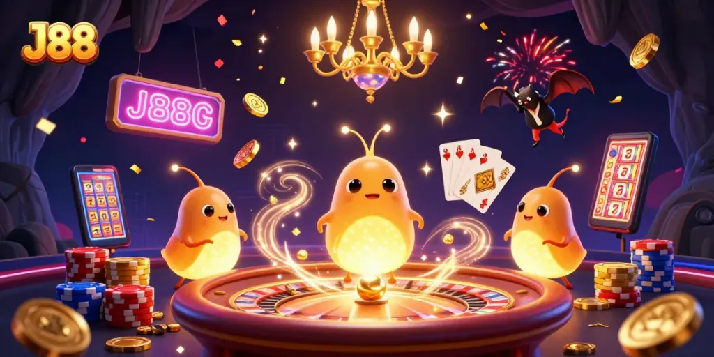 Join the J88 gaming excitement in a vibrant casino scene with glowworms illuminating the action!