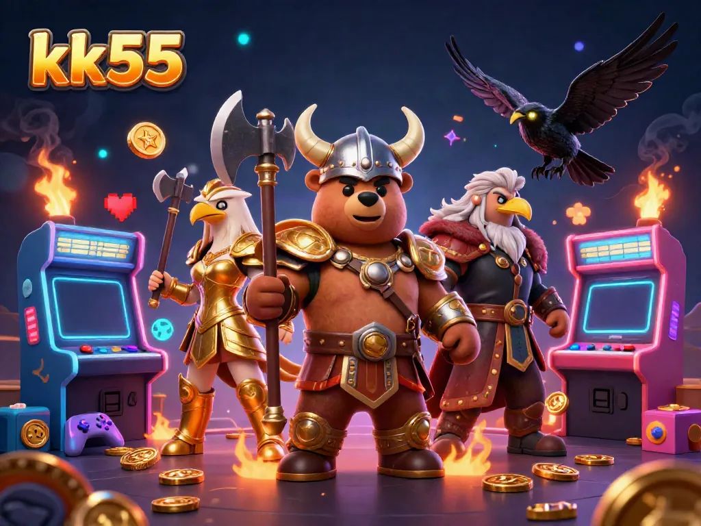 Viking berserker bear and Valkyrie eagle promoting kk55 casino games amidst glowing arcade elements.