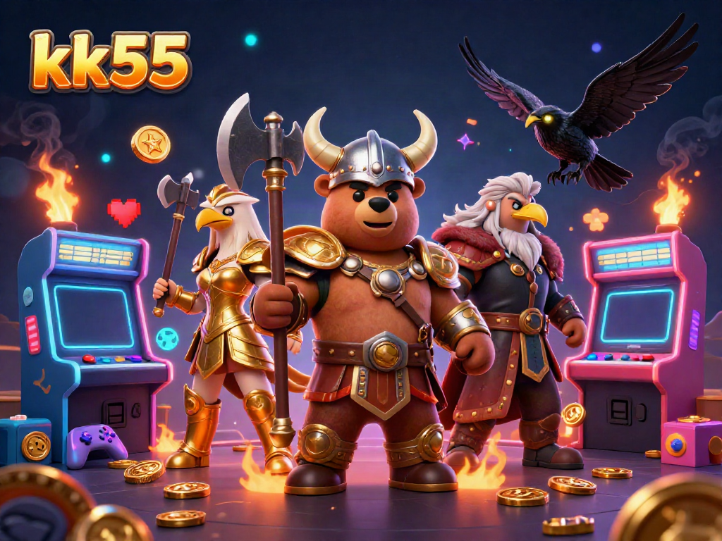 Viking berserker bear and Valkyrie eagle promoting kk55 casino games amidst glowing arcade elements.