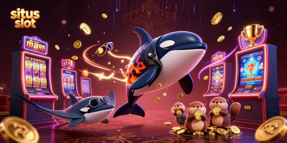Experience thrilling wins at "situs slot" with 3D characters surrounded by vivid slot machines and golden coins.