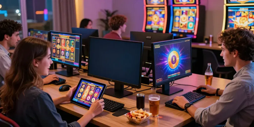 Players enjoying slot games in a cozy home gaming setup with vibrant visuals.