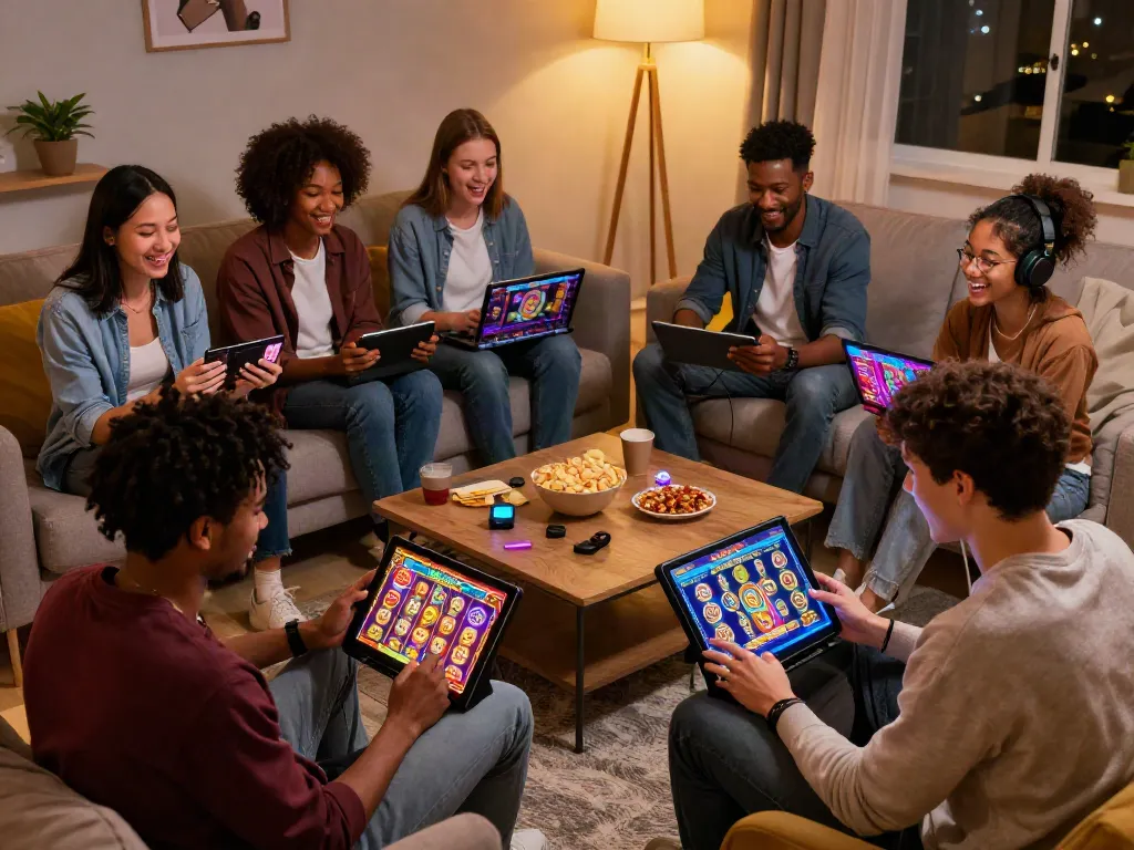A diverse group of friends enjoying various slot games on devices in a cozy living room.