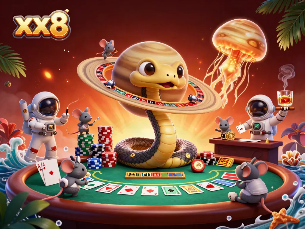 Experience the excitement of gambling at xx8 with a dynamic 3D cartoon illustration featuring cosmic elements and poker themes.