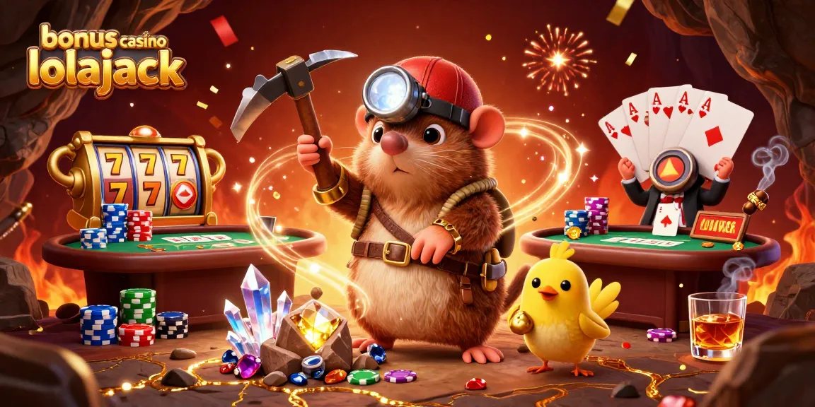 Jouer au bonus de casino lolajack avec une illustration animée de personnages de casino et des éléments de jeu.
