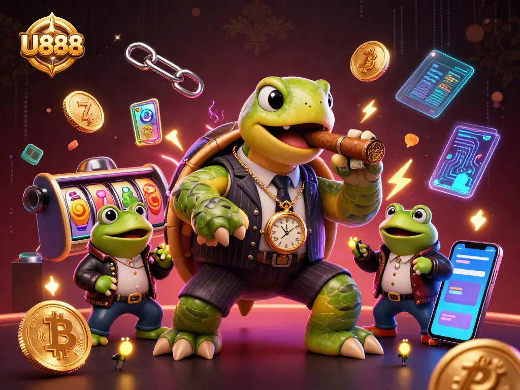 Engage in U888’s vibrant casino world featuring a cartoon turtle enforcer amidst lively games.