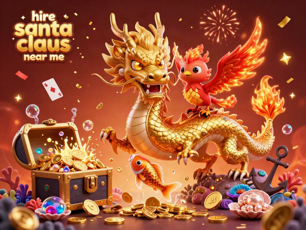 Hire Santa Claus near me surrounded by colorful coins and a festive scene, enhancing holiday magic for parties.