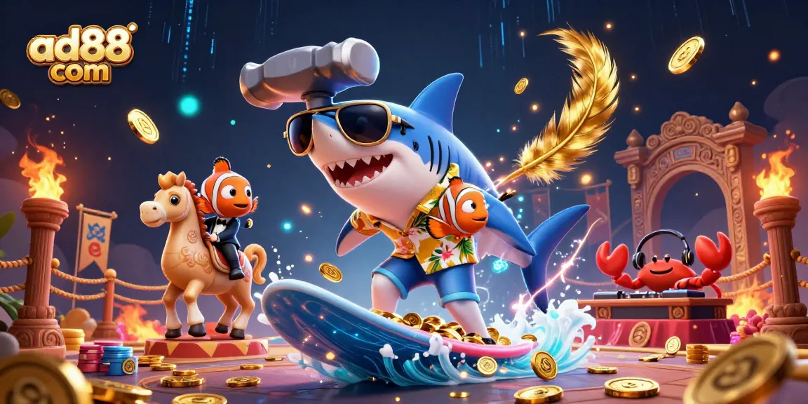 Engage with ad88 com gaming excitement as a shark surfs on gold coins amidst vibrant casino elements.