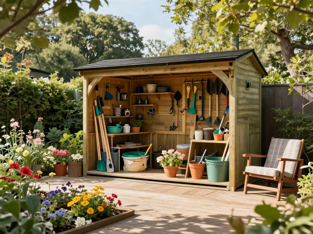 Garden storage solutions neatly organized in a stylish wooden shed surrounded by vibrant flowers.