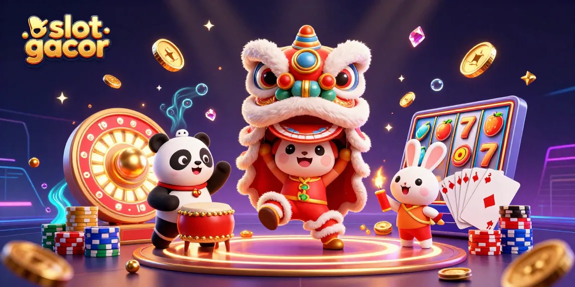 Engage with slot gacor concepts through a vibrant casino-themed 3D illustration showcasing a lion dance and magical slots.