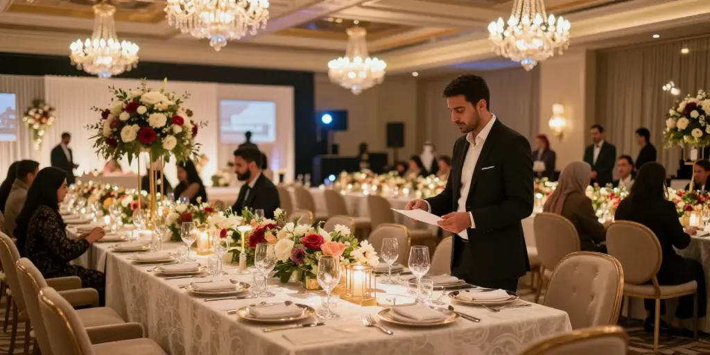 Elegant event rental ksa setup featuring premium tables and floral decor.