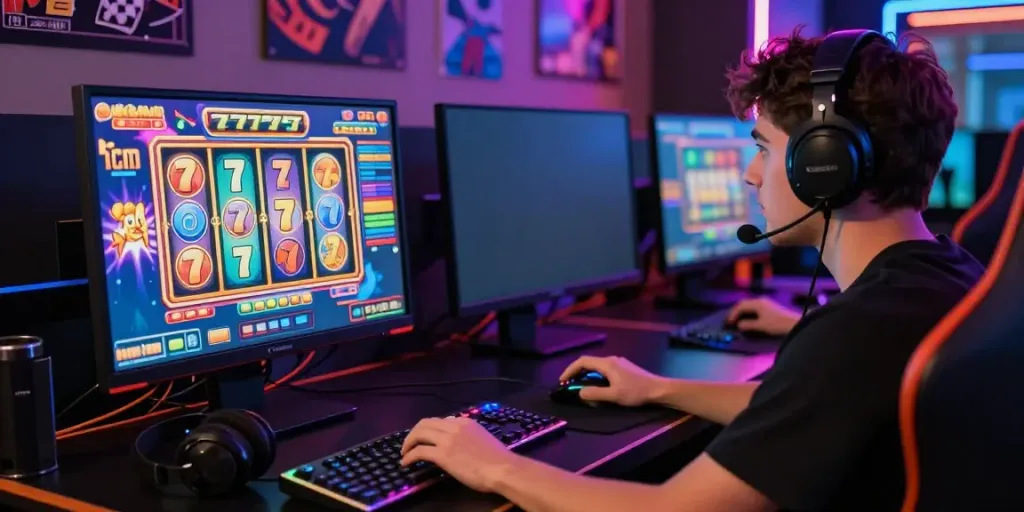 Pengguna bersemangat bermain slot777 dalam suasana gaming yang energik dan modern.