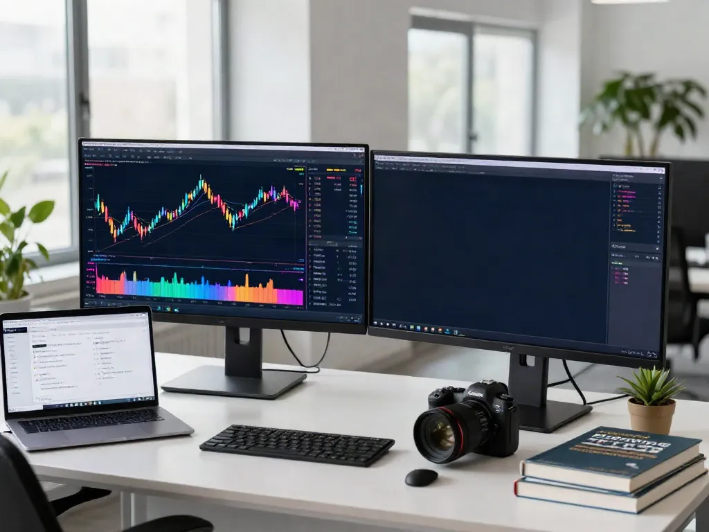 Trader using MetaTrader 5 for market analysis in a modern office.