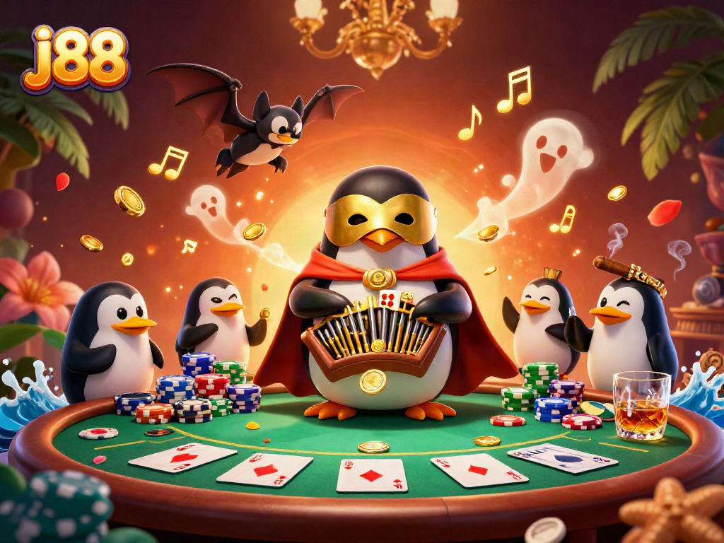 The j88 edition illustration captures a vibrant casino scene with golden coins, a penguin organist, and poker chips.