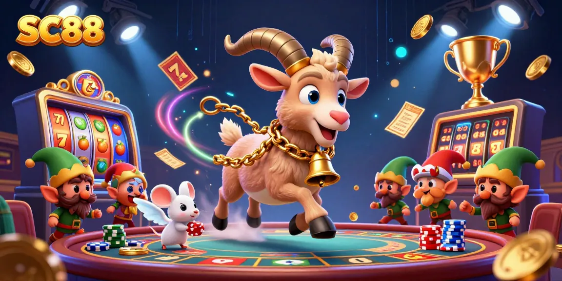 Experience SC88's vibrant casino scene with a Krampus goat and playful characters amid dazzling gaming elements.