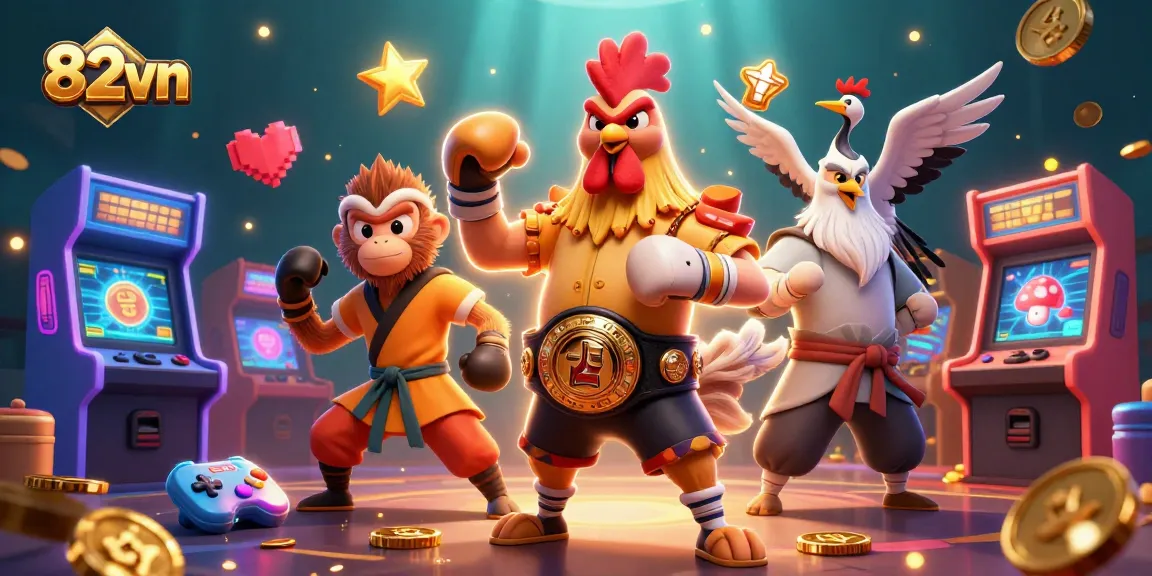 Engage in high-stakes betting at 82vn with a fierce rooster, Shaolin monkey, and wise crane amidst casino elements.