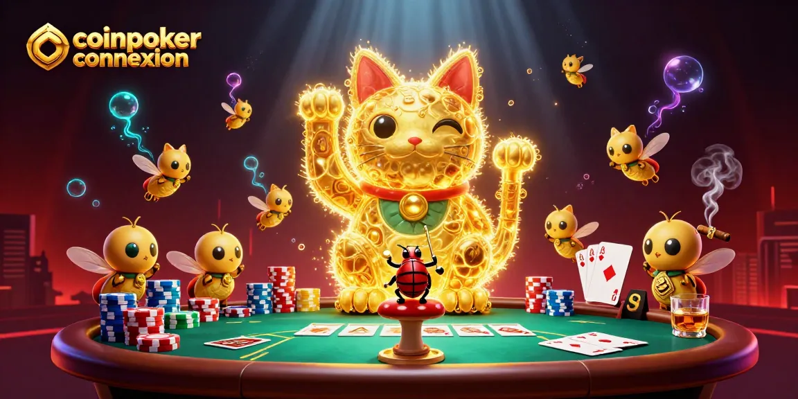 CoinPoker connexion, jouez au poker avec un chat chanceux fait de lucioles dorées sur une table animée.