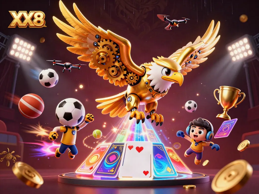 Experience the thrilling dive of the XX8 golden eagle among holographic playing cards in an exhilarating casino scene.