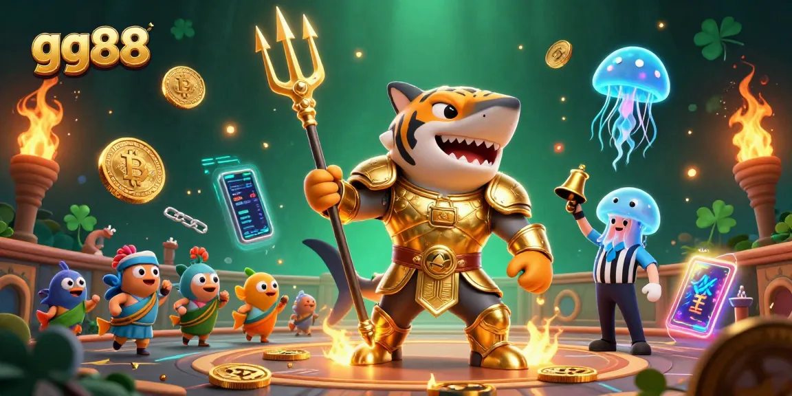 Engage with gg88's thrilling underwater colosseum, featuring a triumphant tiger shark and cryptocurrency elements.