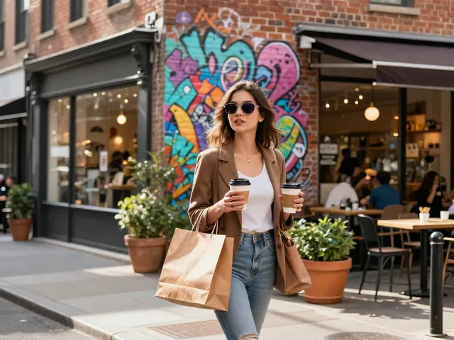 Mulher jovem usando óculos de sol estilosos em ambiente urbano vibrante.