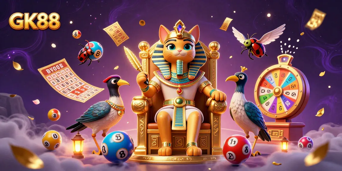 Engage with GK88 lottery excitement featuring a vibrant scene of characters and dynamic gambling elements.