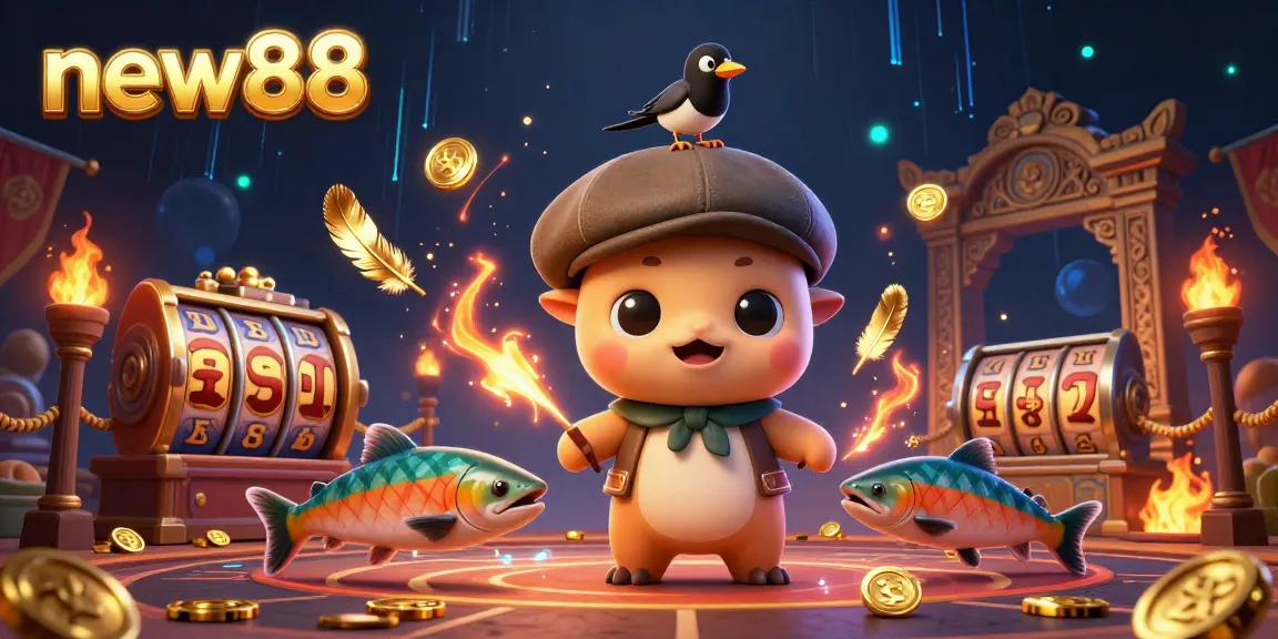 Win big with new88 in a lively casino-themed 3D scene featuring unique characters and engaging elements.