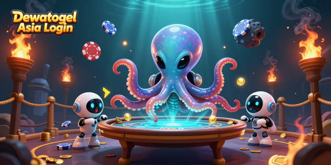 Engage with Dewatogel Asia Login through a dynamic scene featuring a vibrant 3D cartoon alien octopus at a poker table.