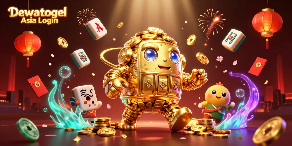 Dewatogel Asia Login showcases a vibrant, packed scene filled with golden golem, slot symbols, and festive decorations.