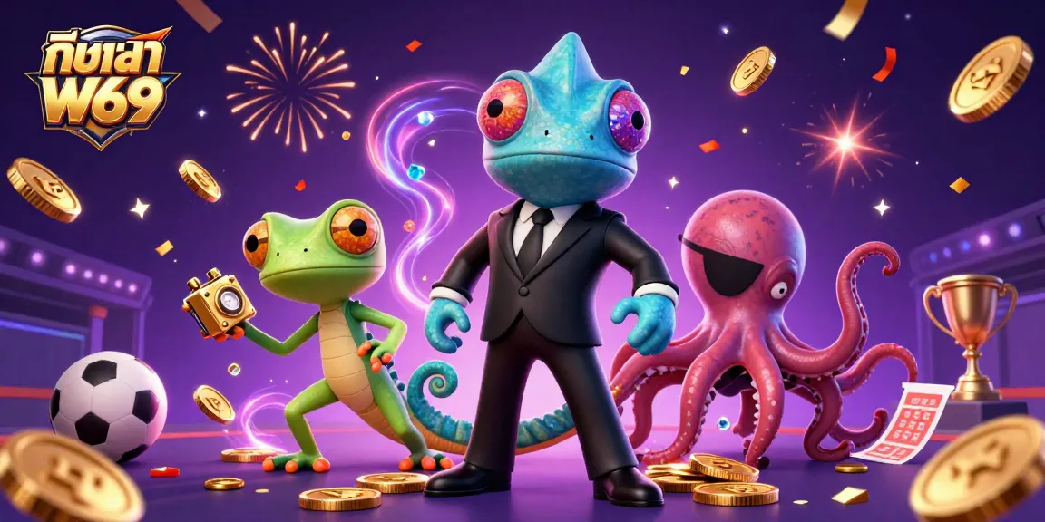 Engage with กีฬา W69 through dynamic sports betting scenarios illustrated with vibrant characters and energetic elements.