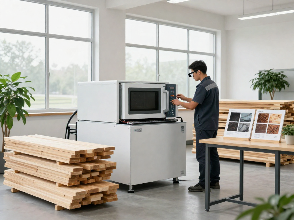 Shashel microwave technology efficiently eliminating pests in a wood processing facility.