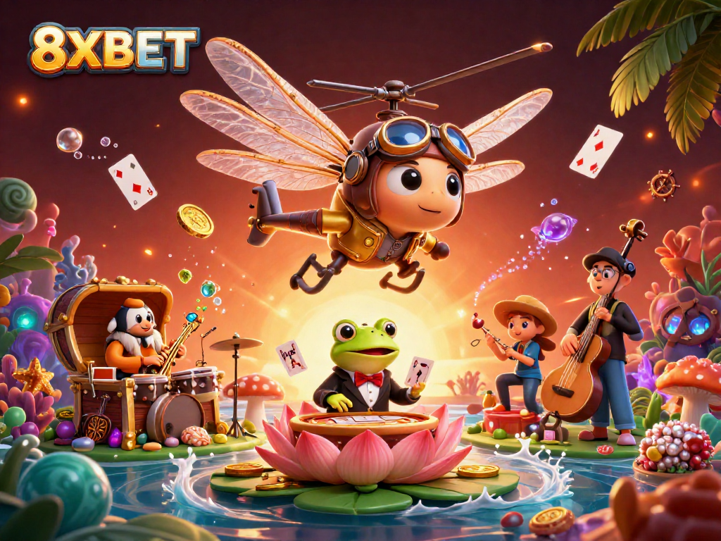 Experience exciting gaming action at 8XBET with a dragonfly pilot and frog dealer in a vibrant casino scene.