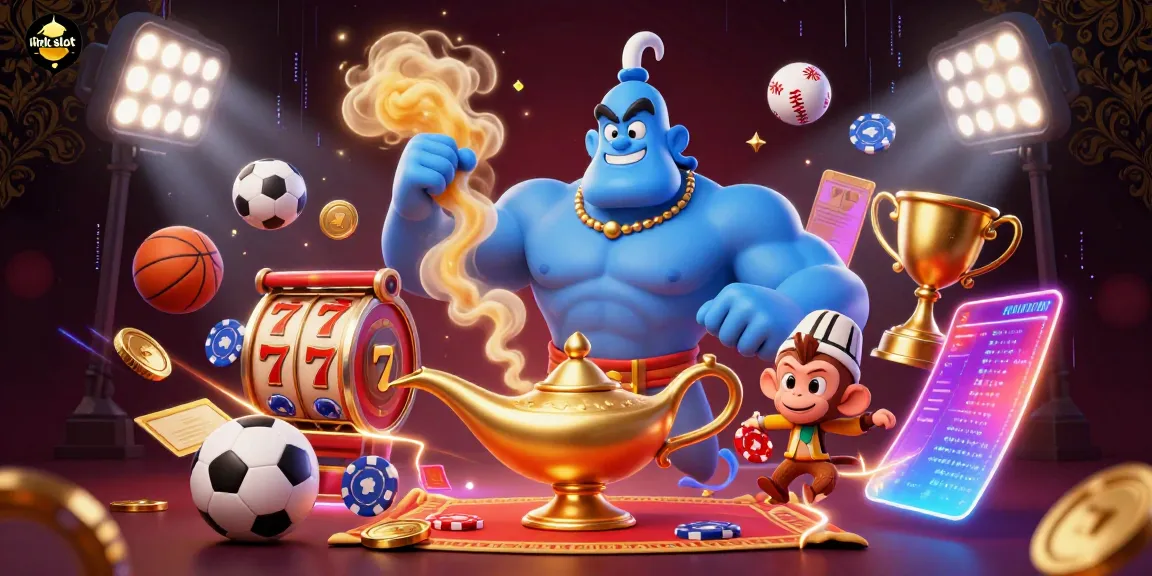 Experience the thrill of big wins with link slot, depicted in a vibrant casino-themed illustration.