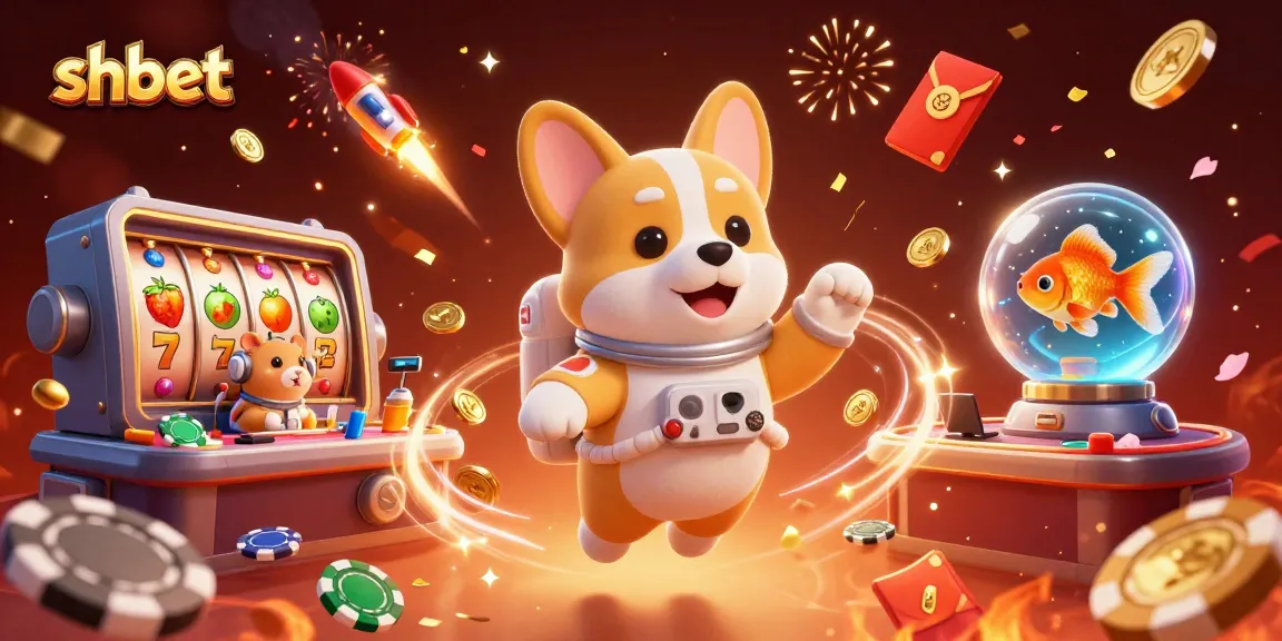 Experience shbet action with a floating astronaut corgi in a vibrant space casino scene.