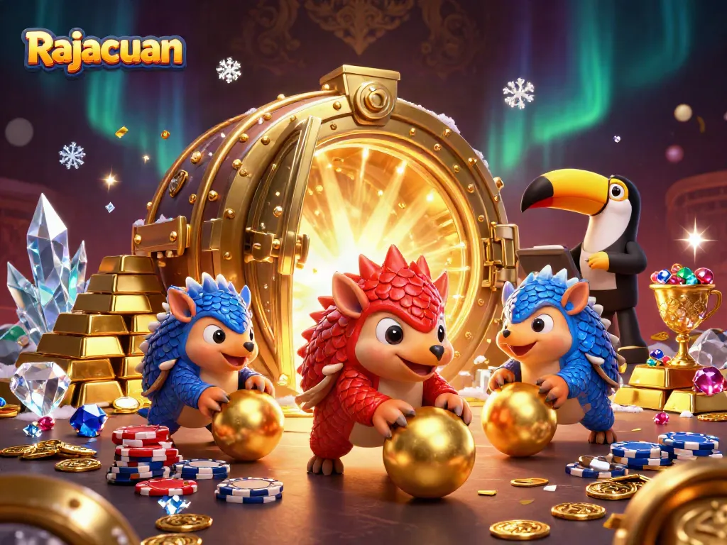 Rajacuan pangolins roll into golden balls amongst poker chips in this vibrant casino scene.