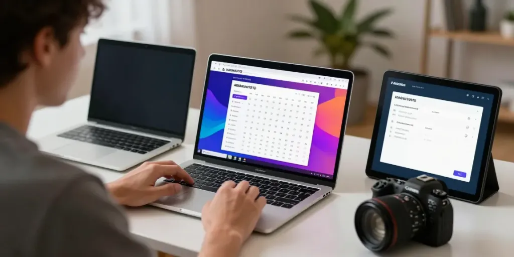 Engaged user analyzing togel online data on AMANAHTOTO website with a laptop and smartphone.