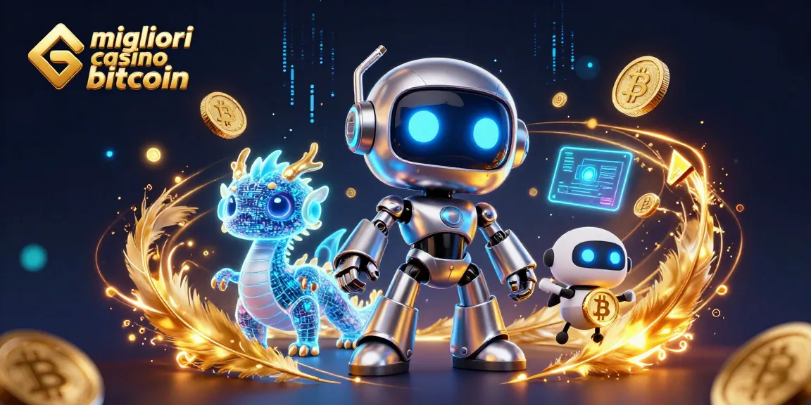 Scopri i migliori casino bitcoin con un robot cyberpunk e un drago olografico in un'illustrazione di gioco vibrante.