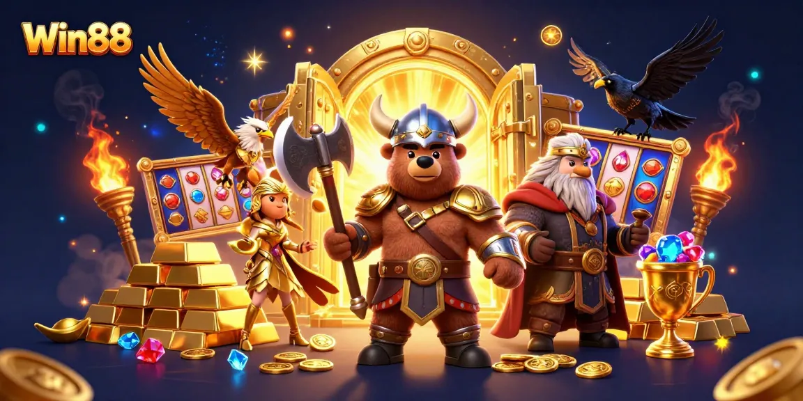 Experience thrilling wins with Win88's vibrant casino scene featuring dazzling treasures and iconic characters.
