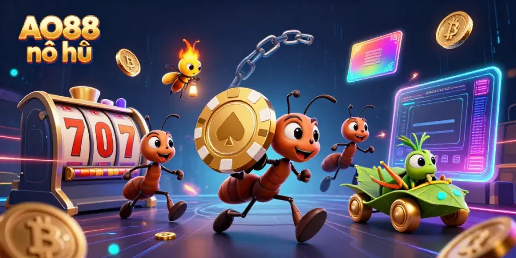 Join the adventure with AO88 nổ hũ as ants steal a giant poker chip in a vibrant casino scene.