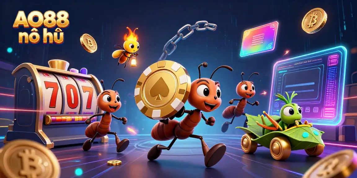 Join the adventure with AO88 nổ hũ as ants steal a giant poker chip in a vibrant casino scene.