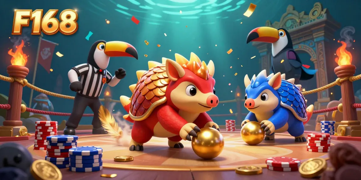 Join the action with F168 as rival pangolins compete amidst golden casino riches in a vibrant arena.