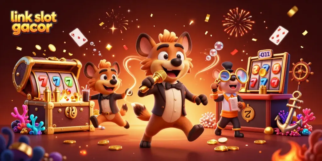 Engage with the excitement of link slot gacor, featuring vibrant casino hyenas amid sparkling treasure in a dynamic illustration.