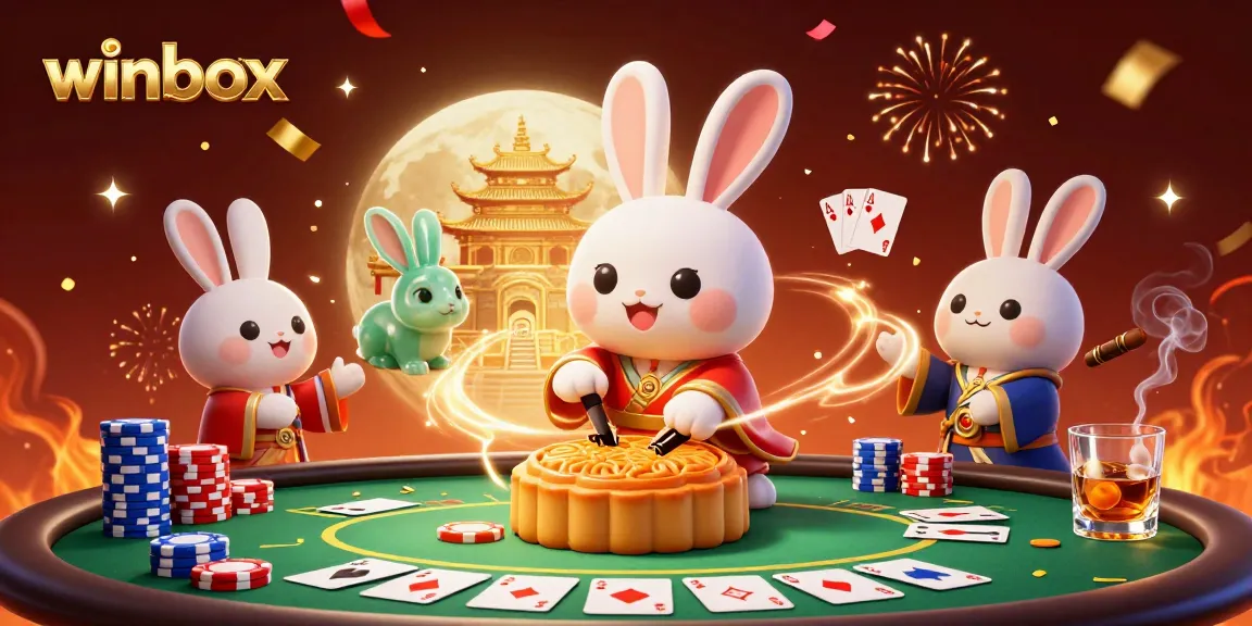 Winbox brings excitement with a lively scene of a moon rabbit revealing poker chips in a vibrant casino atmosphere.