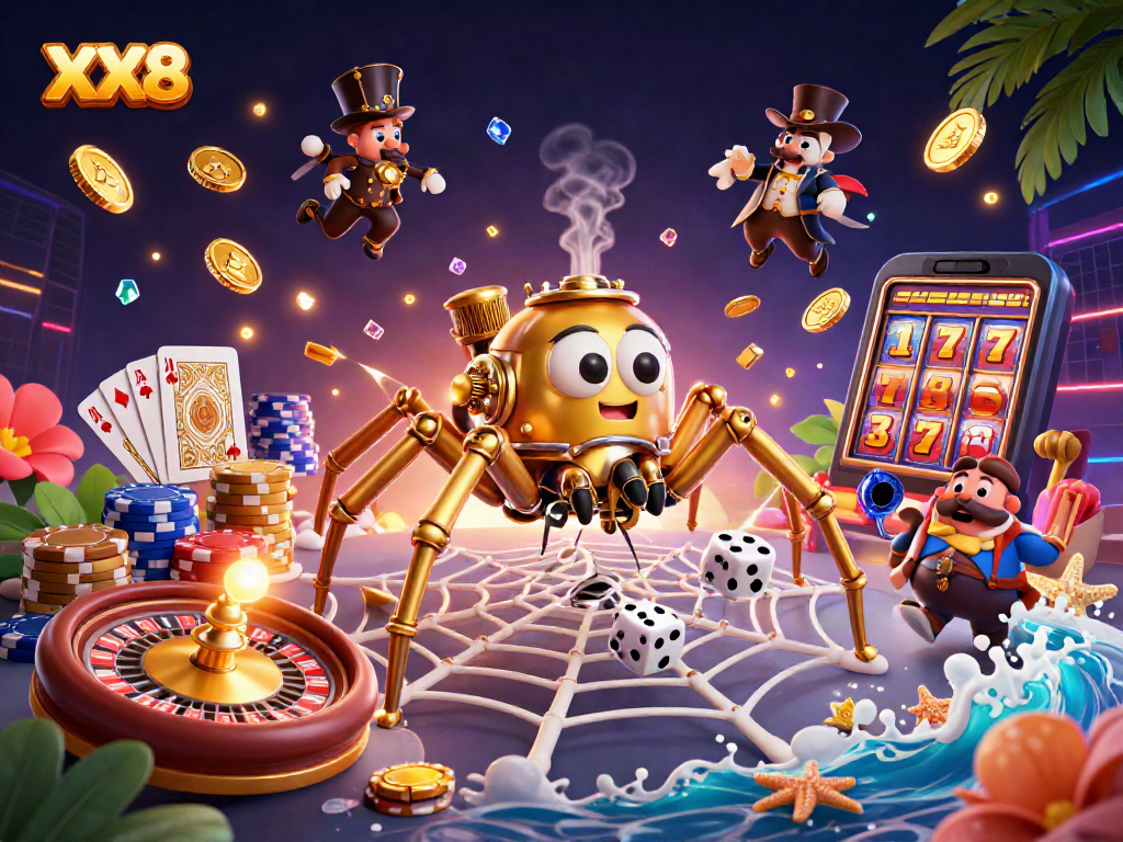 Experience the thrill with XX8 as the golden spider weaves a web of fortune in this casino illustration.