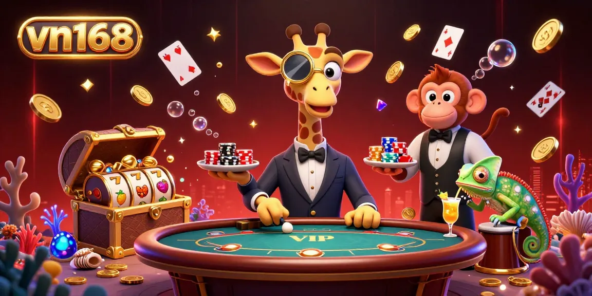 Engage with vn168 at a vibrant casino scene featuring a high-roller giraffe and dazzling game elements.