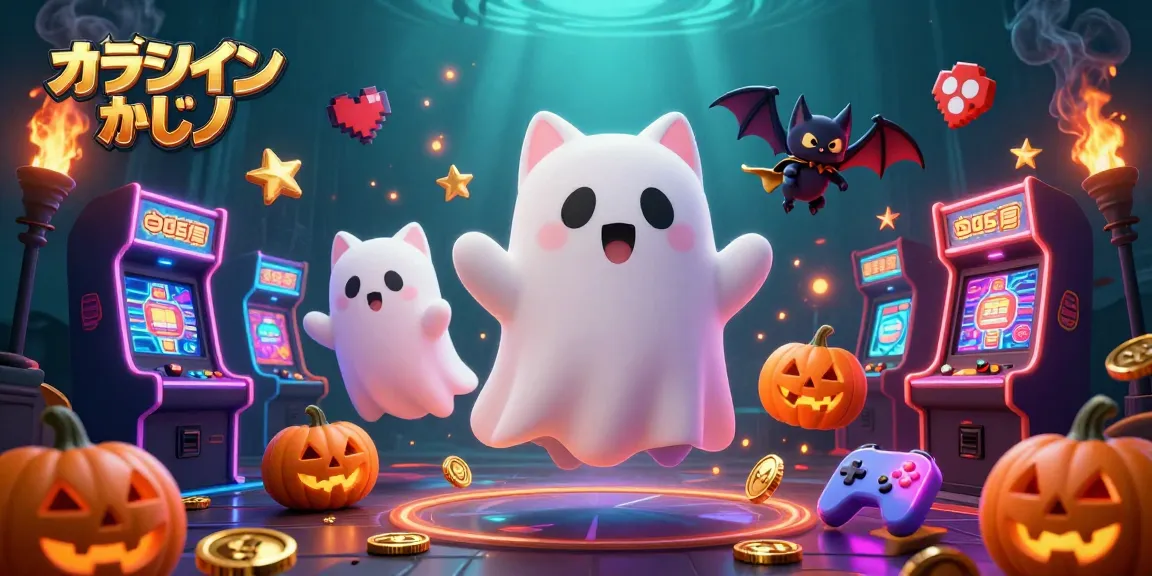 オンラインカジノで運営される楽しいカジノ体験を描いた、ハロウィンテーマの3Dイラスト。