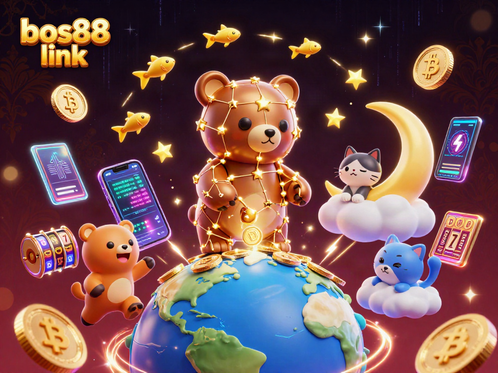 Mengambil keuntungan dari bos88 link, ilustrasi 3D kasino yang menampilkan bintang emas dan elemen slot.