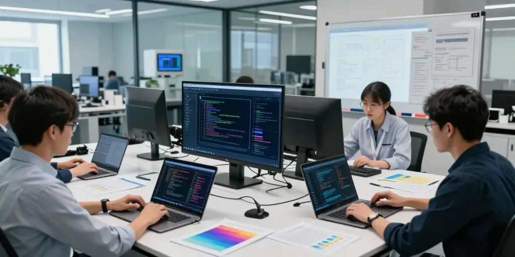 Enterprise AI team collaborating on advanced models in a modern lab.