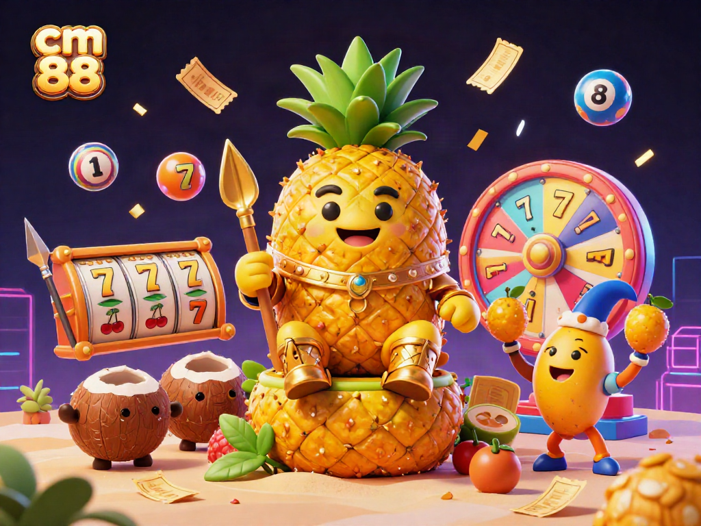 Experience the exciting world of cm 88 with vibrant slot reels and a dynamic beach casino scene.
