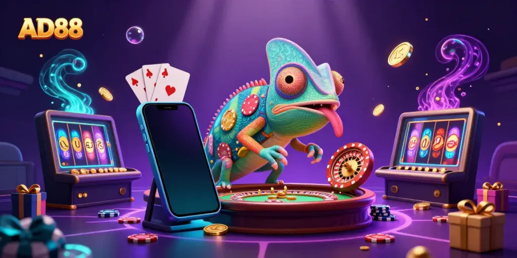 Experience AD88 with an engaging casino scene featuring a vibrant chameleon and gaming elements.